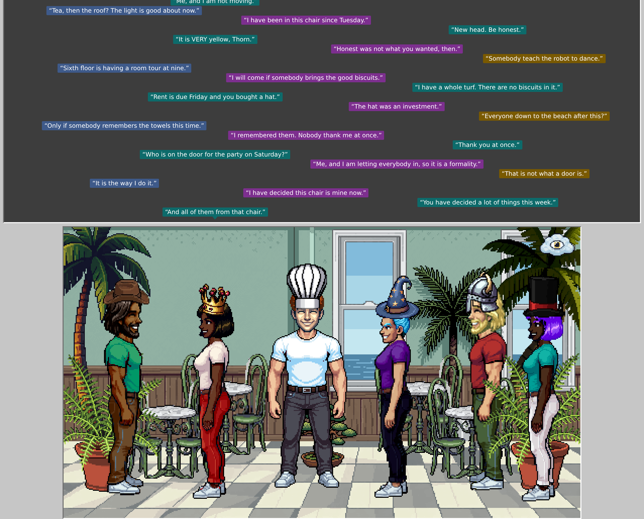 Six residents in a palm-filled tea room in Habitat 2D, their conversation listed in the chat log above the scene