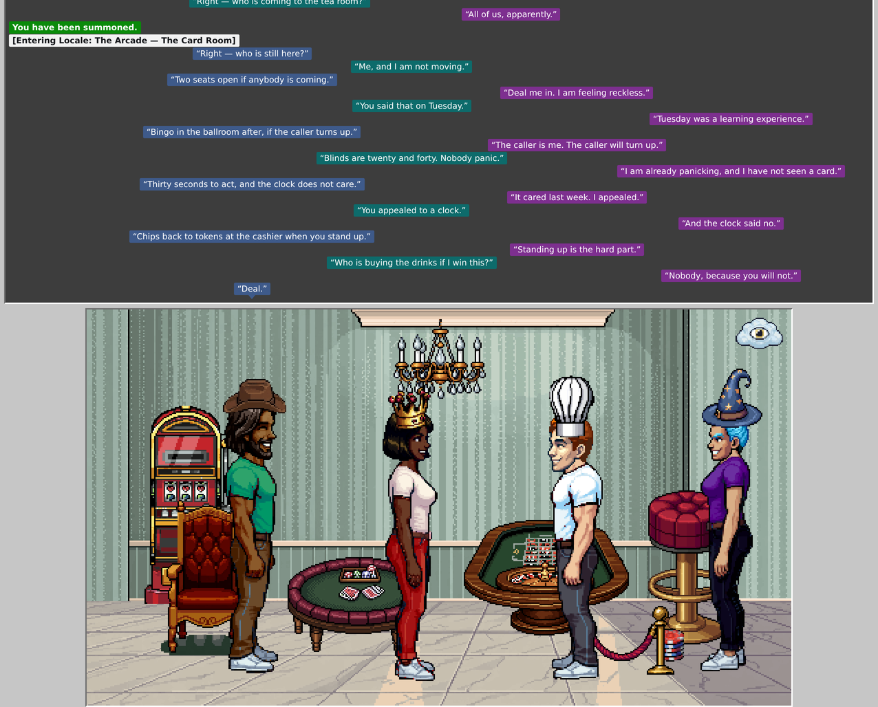 Residents standing around the card tables in the Habitat 2D arcade, with chips on the felt and a roulette wheel beside them