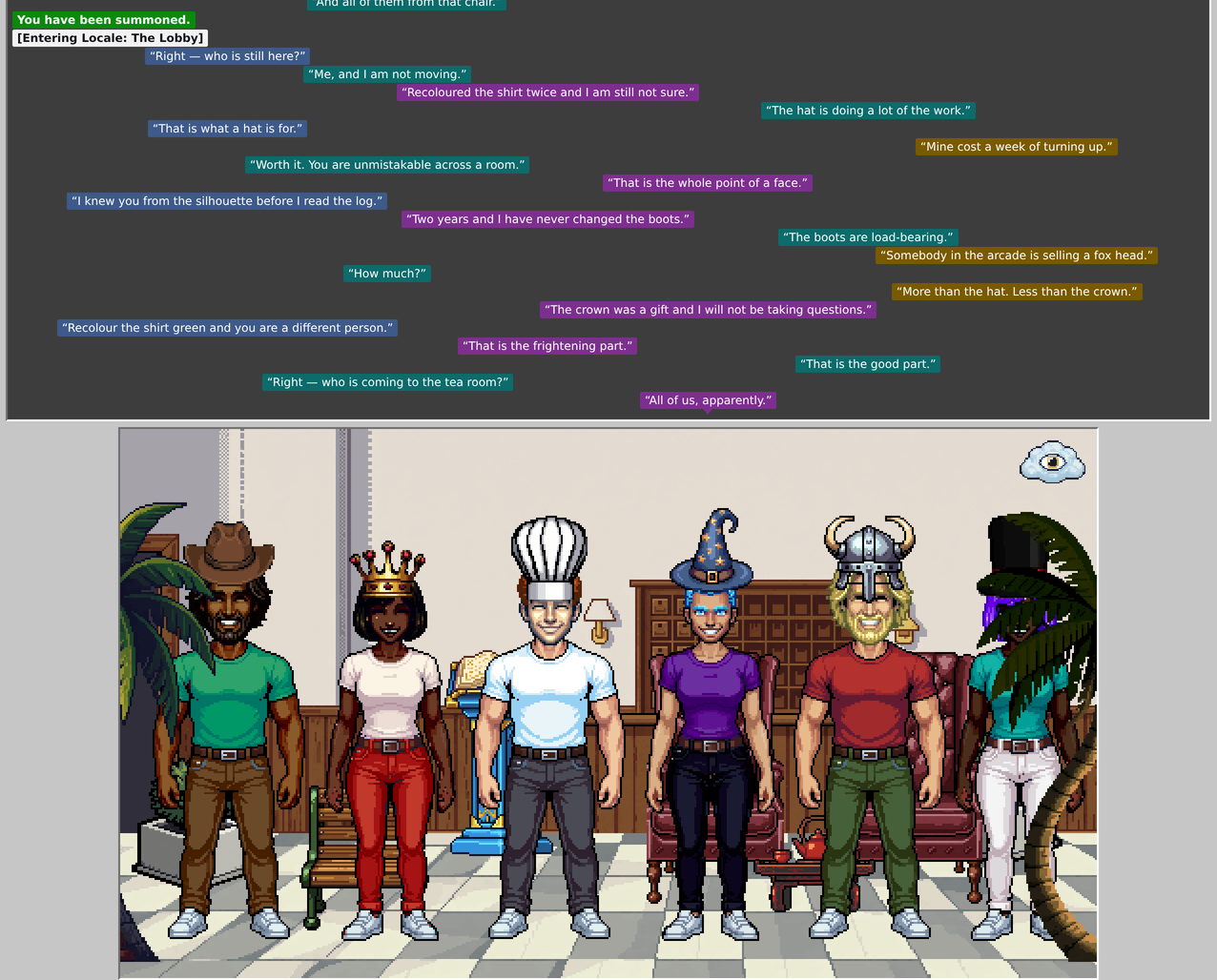 Six pixel avatars side by side with different bodies, skin tones, clothing colours and heads — a cowboy hat, a crown, a chef’s hat, a wizard hat, a horned helmet and a top hat